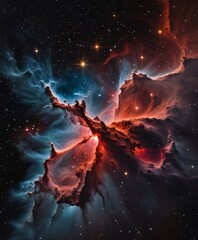 a sinister-looking nebula made of subdued red, with active star birth, - obrazy, fototapety, plakaty