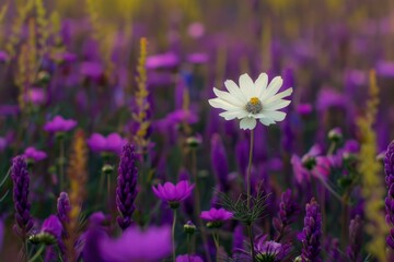 A single white flower in a field of purple flowers