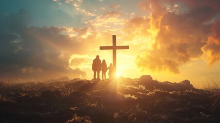 A family stands in front of the cross, a family looks for the silhouette of the cross of Jesus Christ. The concept of Easter. © SHI