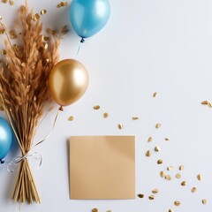 Golden balloons, rag bouquet and confetti with copy space background. Birthday or party mockup festive greeting card.