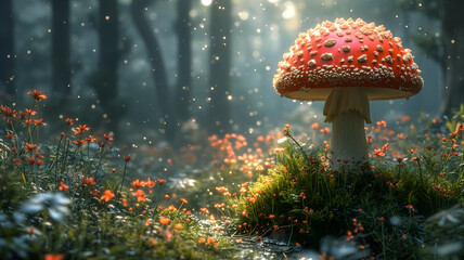 Magical mushroom in fantasy enchanted fairy tale forest. Neural network generated in January 2024. Not based on any actual scene or pattern. - obrazy, fototapety, plakaty