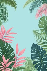 Tropical palm leaves and branches on a blue background, vertical composition