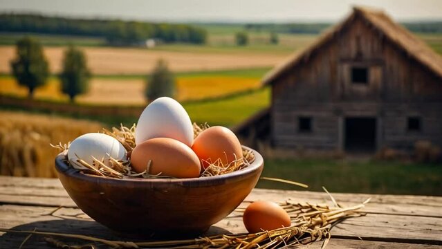 fresh eggs in a wooden bowl