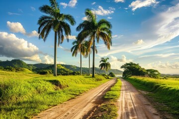 Obraz premium A dirt road lined with palm trees next to a lush green field