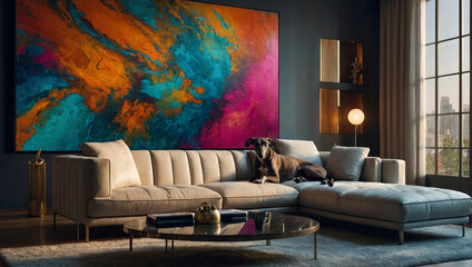 elegant greyhound lying on a large sofa in a modern apartment illuminated by a large window
