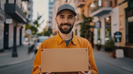 delivery service with a realistic photo of a delivery guy holding a package, showcasing the convenience and professionalism synonymous with the brand.