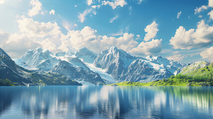Mountain lake view on sky background