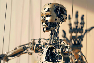 A close up of a robot puppet on a string, a unique musical instrument