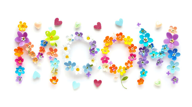 Colorful Floral Arrangement Spelling MOM on a White Background