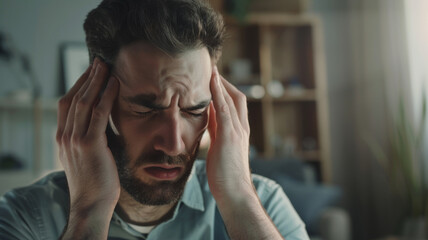 A man clutching his head in distress, embodying a moment of intense stress or headache.