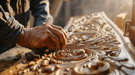 Highlight the skill and dedication of a carpenter working on a bespoke wooden furniture piece, capturing the warmth and craftsmanship of the workshop.