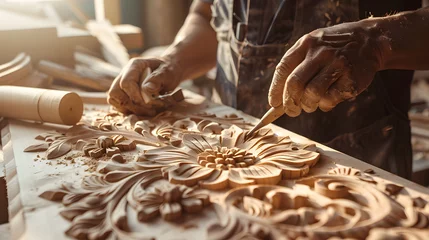 Cercles muraux Ancien avion Highlight the skill and dedication of a carpenter working on a bespoke wooden furniture piece, capturing the warmth and craftsmanship of the workshop.