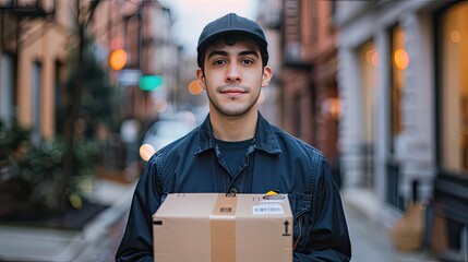 delivery service with a realistic photo of a delivery guy holding a package, showcasing the convenience and professionalism synonymous with the brand.