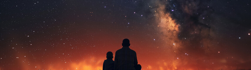 Fototapeta na wymiar Cosmic Bond: A Father and Son Under the Nebulae