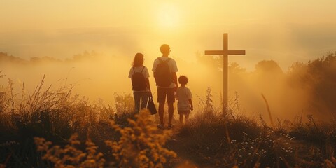 A family stands in front of the cross, a family looks for the silhouette of the cross of Jesus Christ. The concept of Easter.