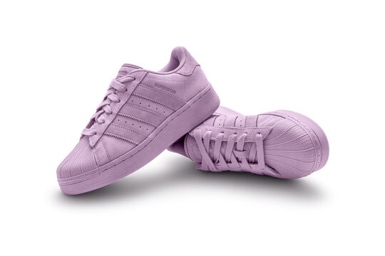 Belgrade, Serbia - March 01, 2024: Adidas originals superstar pink sneakers. Trainers Shoes hip hop style vintage sneaker trainers. adidas superstar trainers, stylish retro new york fashion