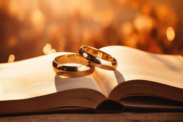 two golden wedding rings and opened pages of holy bible represents the concept of marriage and the love between two Christians.Generative AI. - obrazy, fototapety, plakaty