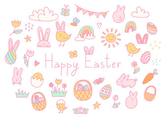 Colorful Easter set, bunny, chicken, egg hunt, bunny ears, easter eggs, sun, basket, rainbows, flowers, cute line illustrations, decor elements - 750609336