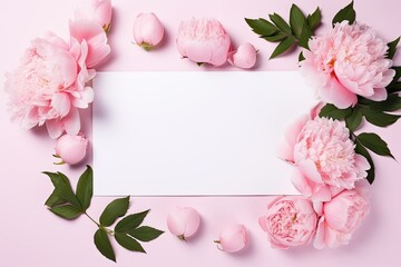 Elegant pink peonies with lush leaves frame a white card on a pink background, leaving space for text or design
