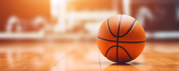 A basket ball on an amazing empty basketball court with blurred light backround.