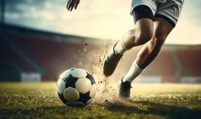 Foot of soccer player kicking football ball on amazing grass stadium.