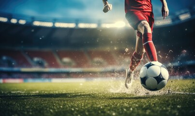 Foot of soccer player kicking football ball on amazing grass stadium. - obrazy, fototapety, plakaty