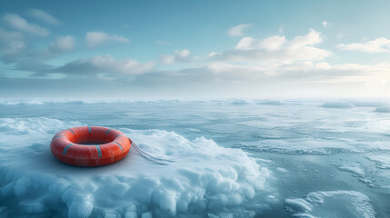 Fototapeta na wymiar life buoy rescue ring in the middle of the frozen iced ocean for rescue and help sos or climate change concepts. generative ai
