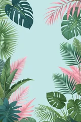 Tuinposter Tropical palm leaves and branches on a blue background, vertical composition © Thanh