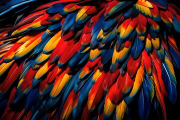 Obraz premium Colorful of Scarlet macaw bird's feathers with red yellow orange and blue shades, exotic nature.