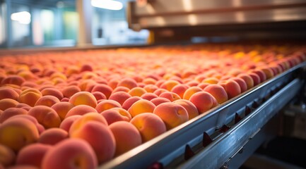 a conveyor belt full of peaches