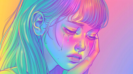 Rainbow gradient line drawing of a cartoon girl crying