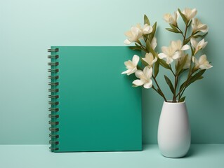 Blank note book with flower pot on table