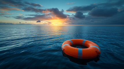 An orange lifebuoy floats on the open sea, symbolizing safety and hope under the vast sky - obrazy, fototapety, plakaty
