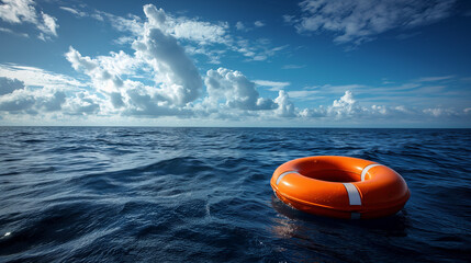 Fototapeta na wymiar An orange lifebuoy floats on the open sea, symbolizing safety and hope under the vast sky