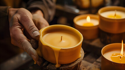 Capture the essence of a candle maker meticulously pouring and shaping wax to create a beautifully crafted candle, with the warm glow of the flame adding a touch of ambiance.
