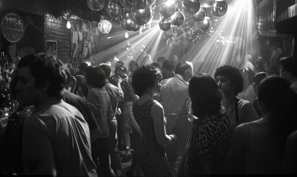 People dancing and enjoying music on 70s disco party. Black and white photo.