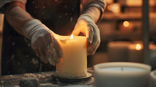 Capture the essence of a candle maker meticulously pouring and shaping wax to create a beautifully crafted candle, with the warm glow of the flame adding a touch of ambiance.