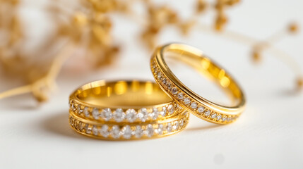 Obraz na płótnie Canvas Pair of gold Wedding ring on a white background, macro shot.