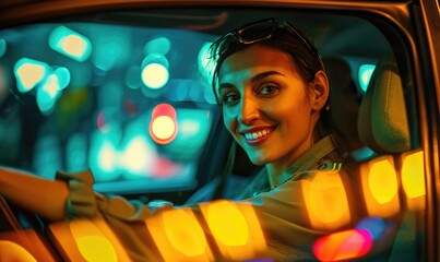 smiling female taxi driver sitting and driving in the yellow taxi.