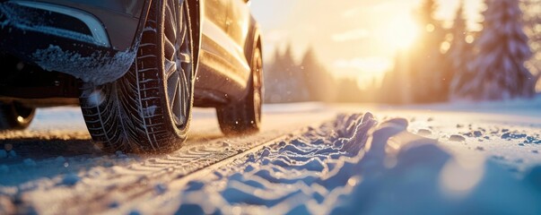 Closeup side view of car with winter tires on a road covered with snow, blurry snowy background. - obrazy, fototapety, plakaty
