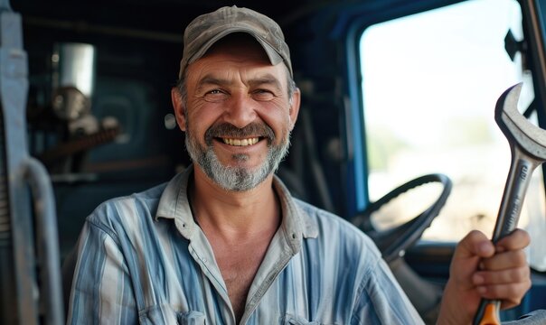A cheerful man with a rugged face and a hint of mischief in his smile holds a trusty wrench, ready to tackle any challenge on the busy city streets.
