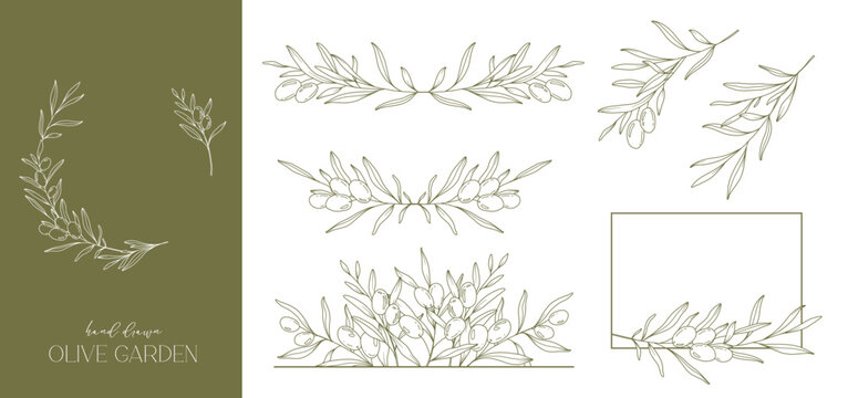 Olives Line Drawing. Black and white Olive Frame. Olive Wreath Isolated. Floral Line Art. Fine Line Olive  illustration. Black and white Olive Branches. Hand Drawn Olive. Wedding invitation greenery