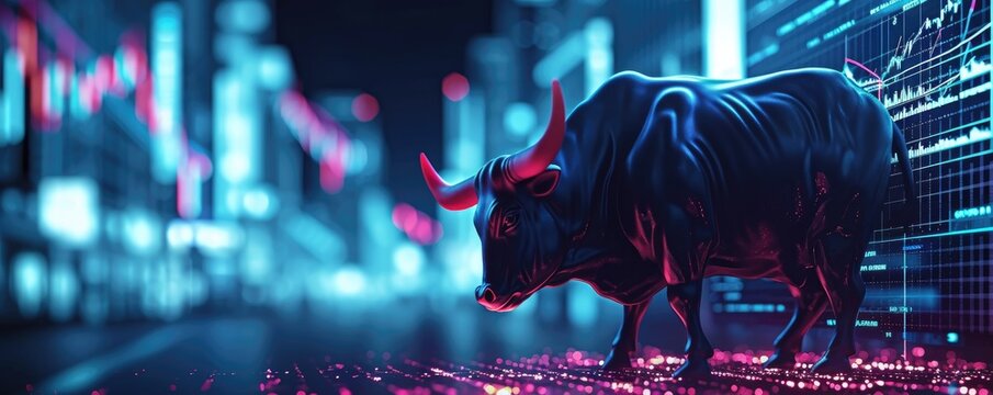 In the fast-paced world of stock and crypto, a majestic bull with a vibrant red and blue design charges forward, embodying the bullish trend and graph data while radiating a sense of strength 