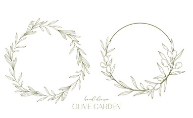 Olives Line Drawing. Black and white Olive Frame. Olive Wreath Isolated. Floral Line Art. Fine Line Olive  illustration. Black and white Olive Branches. Hand Drawn Olive. Wedding invitation greenery