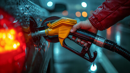 A close up image of a hand filling up a car with gas at a gas station - obrazy, fototapety, plakaty