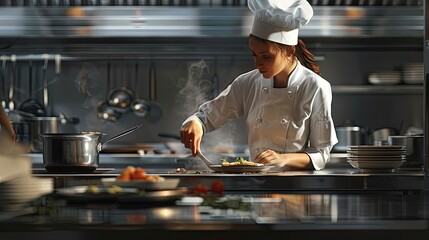 a 40-year-old female chef in action, as she skillfully prepares a gourmet dish in a professional kitchen, showcasing the dedication and culinary mastery acquired over years of experience.