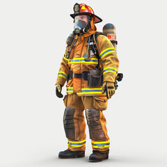 Firefighter: A brave firefighter in turnout gear and a helmet. 3d render in minimal style isolated on white backdrop