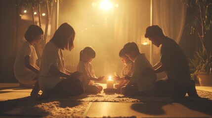 Family prays on knees together Christianity scene - obrazy, fototapety, plakaty