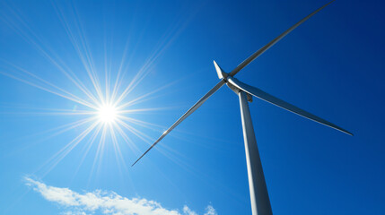 Close up of wind turbine on blue sky background with shinink sun