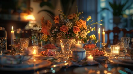 Fototapeta na wymiar Setting the table floral decoration and candles